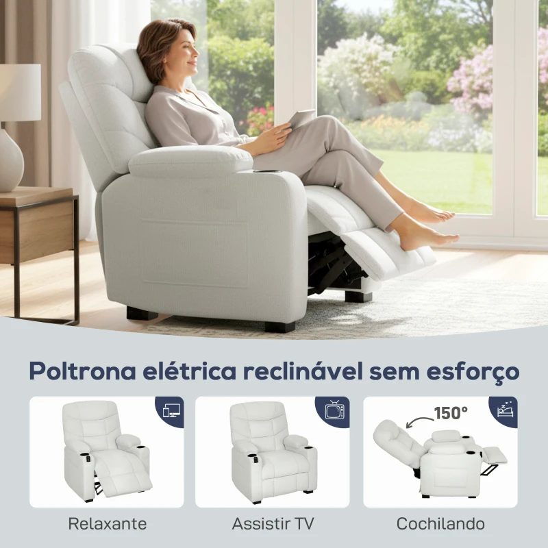 HOMCOM Poltrona Relax Reclinável Elétrica com Função Memória Apoio para Pés Controlo Remoto e Porta USB 94x90x105 cm Creme