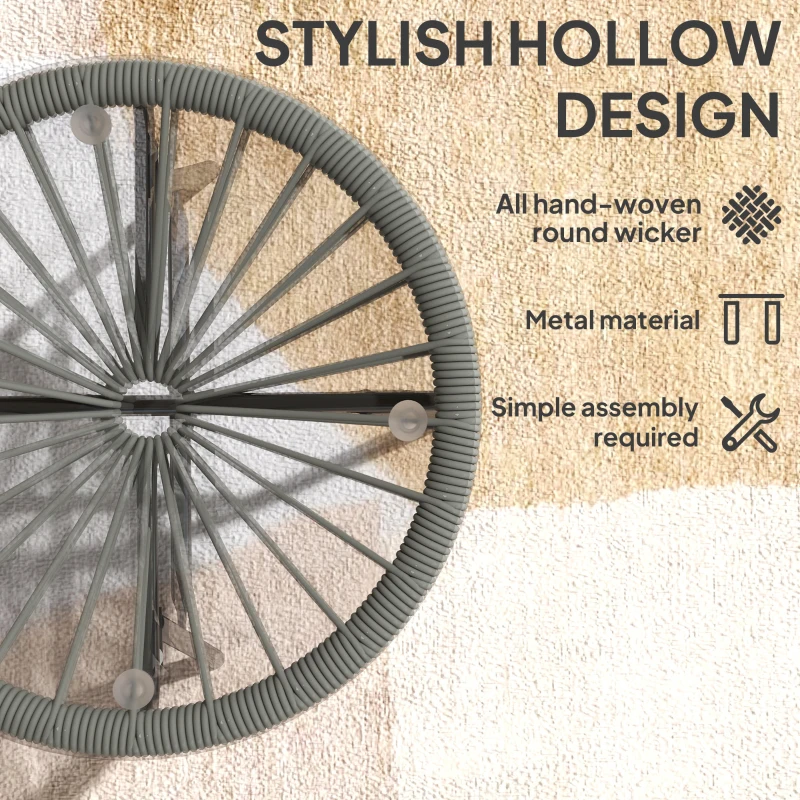 Outsunny Rattan Side Table, Round Outdoor Coffee Table, with Round PE Rattan and Tempered Glass Tabletop, Light Grey