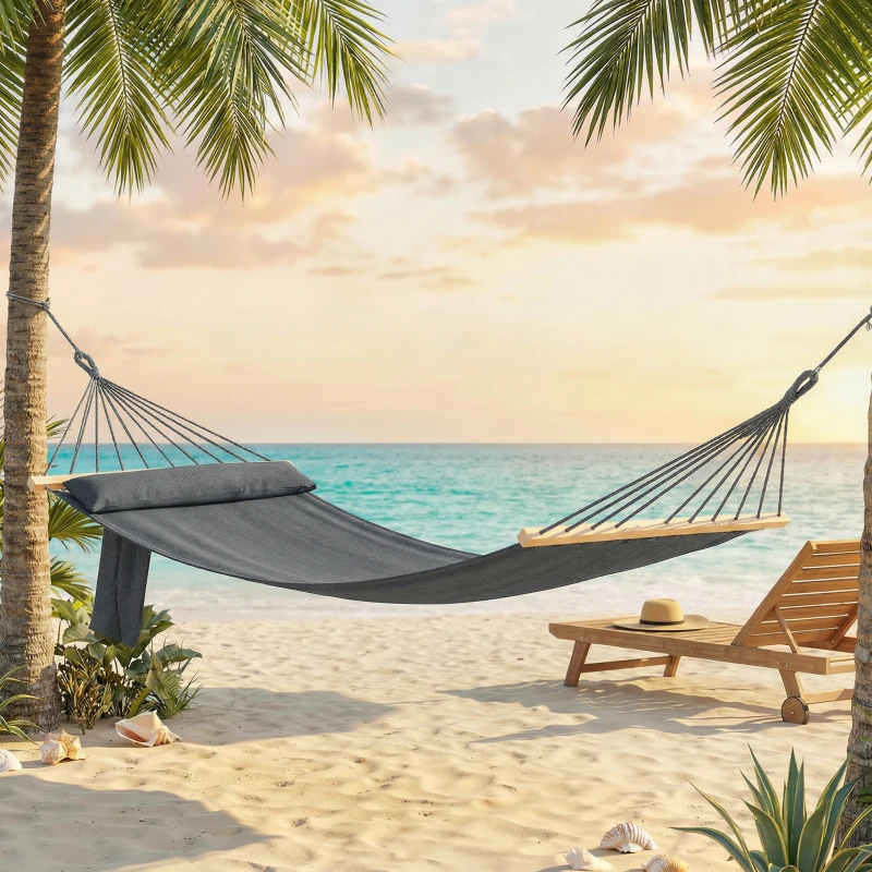 Outsunny Cotton Hammock, Soft Portable Swing Sleeping w/ Headrest & Side Pocket, Dark Grey