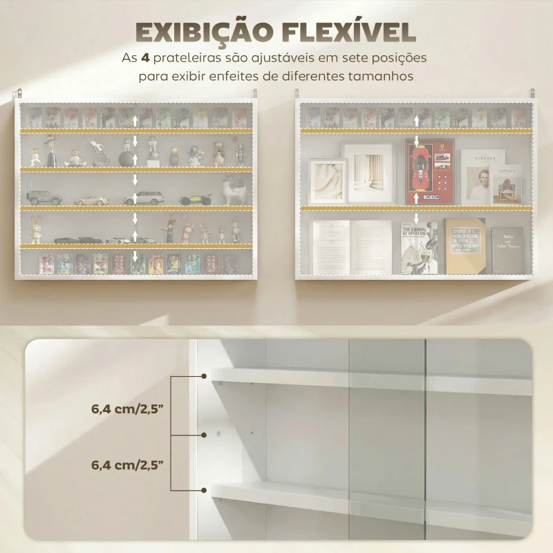 HOMCOM Vitrine de Parede com Prateleiras Ajustáveis e 2 Portas Corredeiras de Vidro para Coleções 80x9,5x60 cm Branco