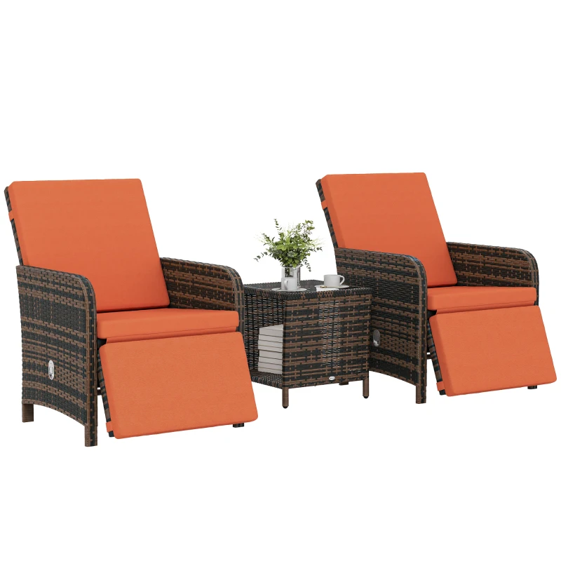 Outsunny 3 Pieces Rattan Bistro Set Balcony Furniture with Cushions, Storage Function - Orange
