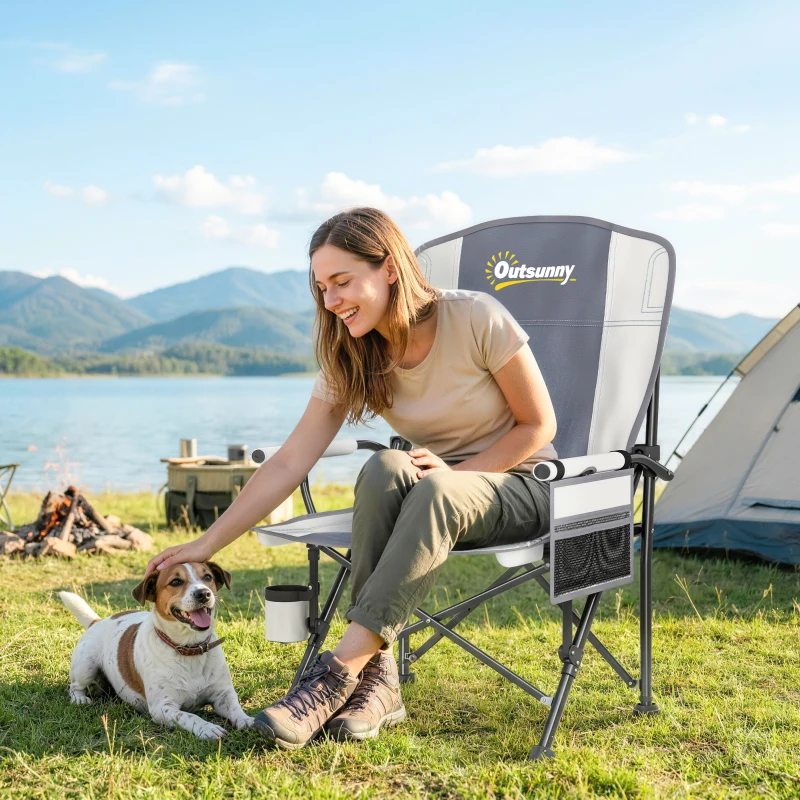 Outsunny Padded Camping Chair Adults Heavy Duty Folding Chair Side Pocket Cup Holder Carry Bag Outdoor Light Grey