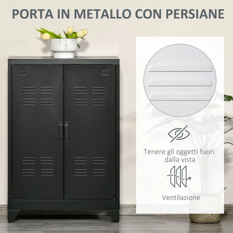 HOMCOM Armadietto Metallico a 2 Ante in Stile Industriale per Casa e Garage, 75x33x110 cm, Nero