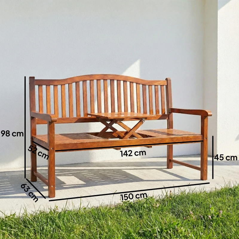 Outsunny Garden Loveseat Bench, 2-3 Seater Outdoor Bench with Liftable Table and Waterproof Cover, Light Brown