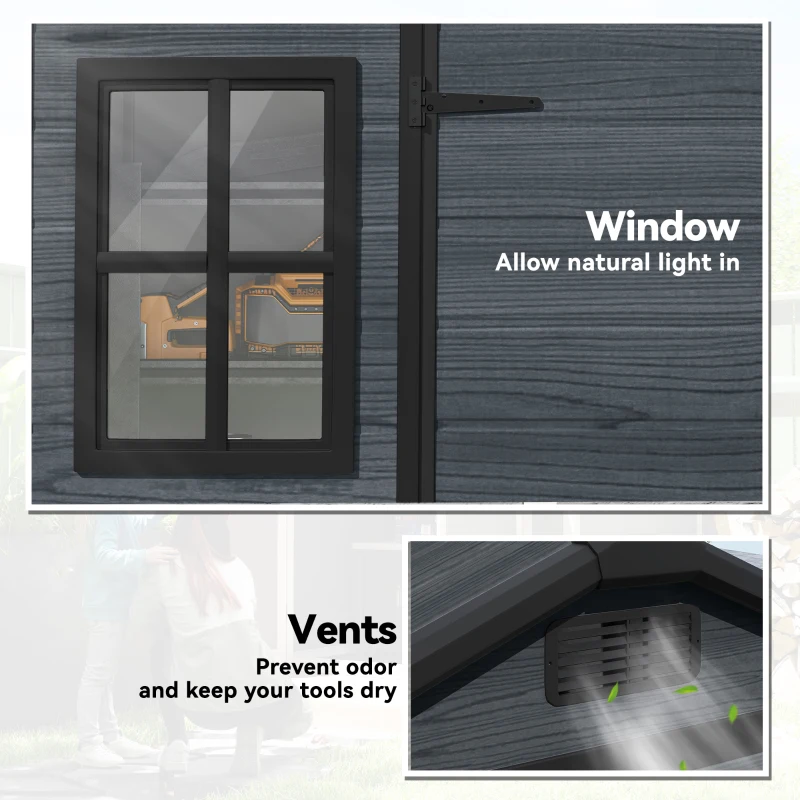 Outsunny 8 x 4 ft Resin Garden Shed, Wood-Effect Outdoor Storage Shed with Floor, Windows, Lockable Doors and Vents, Dark Grey