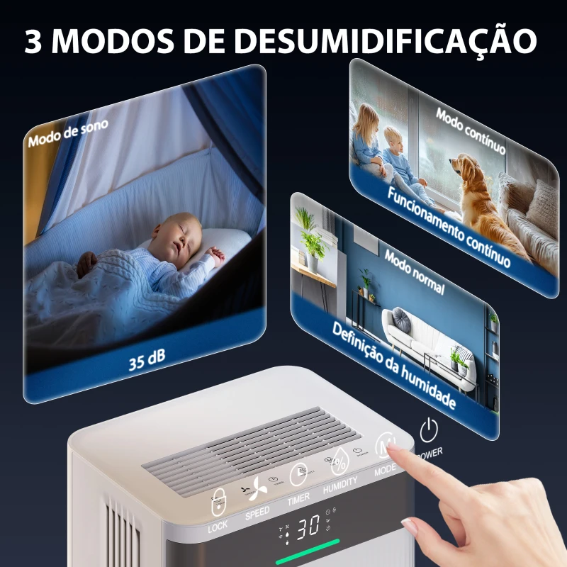 HOMCOM Desumidificador 12L/dia Silencioso com 3 Modos Ecrã LED Temporizador 24H Bloqueio Infantil e Drenagem Contínua 25x22x44,5 cm Branco