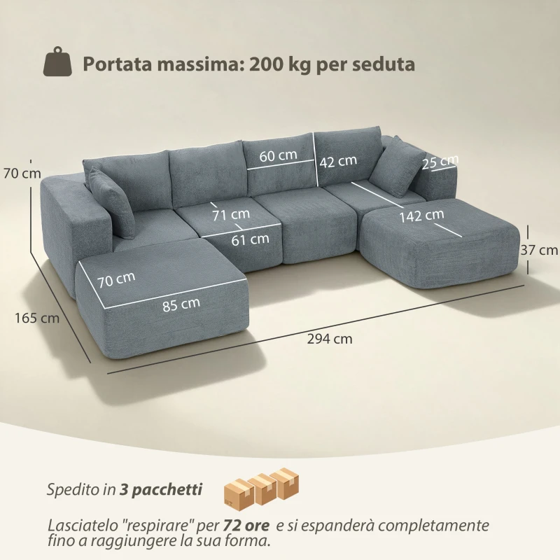 HOMCOM Divano Modulabile ad Angolo in Tessuto Effetto Velluto con Cuscini, 294x165x70 cm, Grigio Scuro