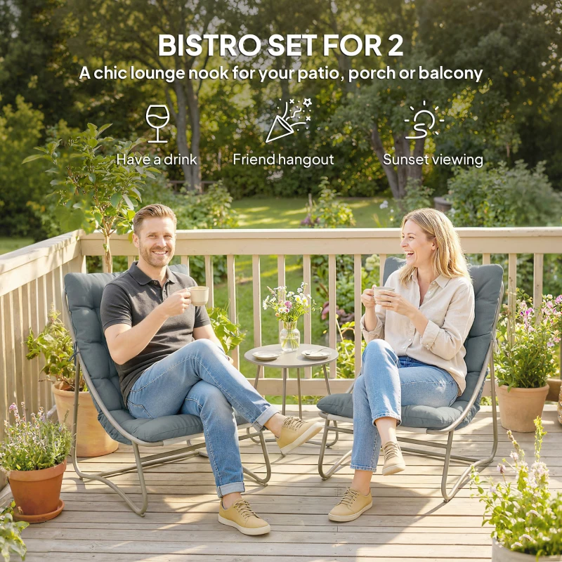 Outsunny 3 Piece Garden Bistro Set, Round Outdoor Bistro Table and Chairs Set for 2 with Texteline Seat and Cushions, Dark Grey