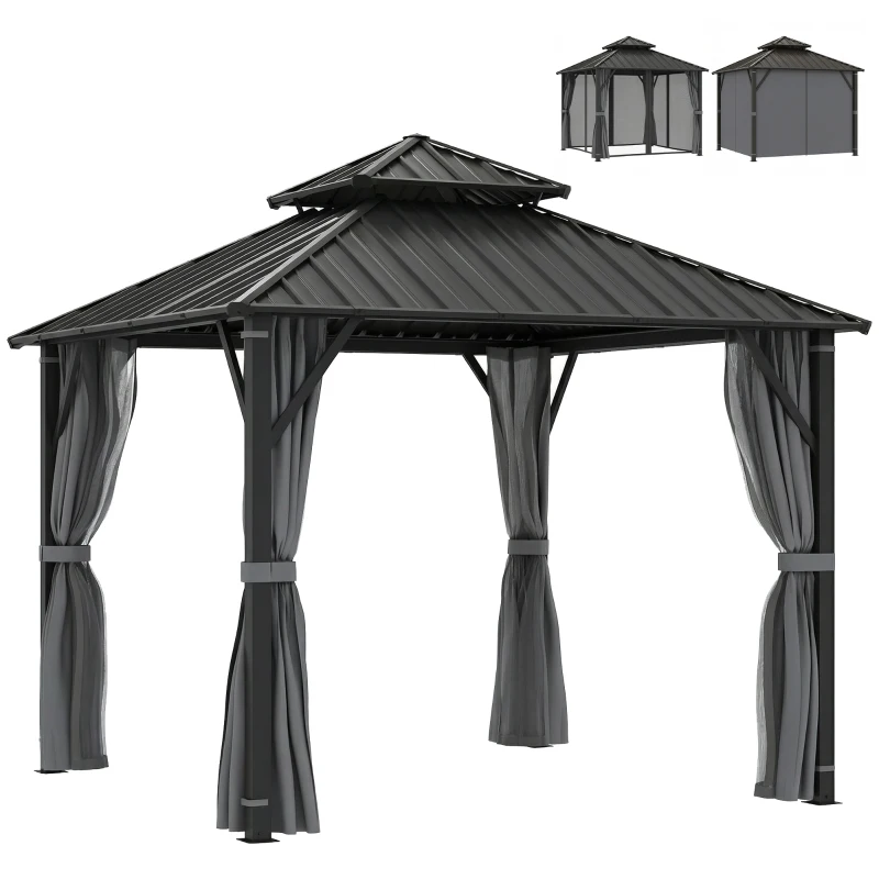 Outsunny 3 x 3(m) Hardtop Gazebo Canopy with Metal Roof, Waterproof Permanent Pavilion Garden Gazebo with Netting, Curtains, Grey