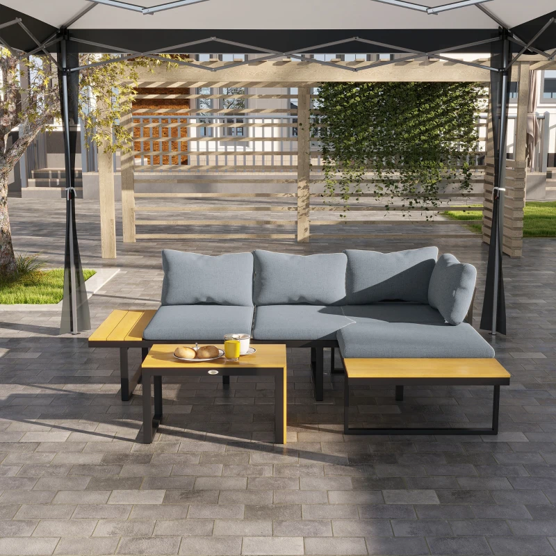 Outsunny 3 Pieces Patio Furniture Set - Outdoor Garden Sofa Conversation Set with Padded Cushions, Wood Grain Plastic Top Table and Side Panel, Dark Grey