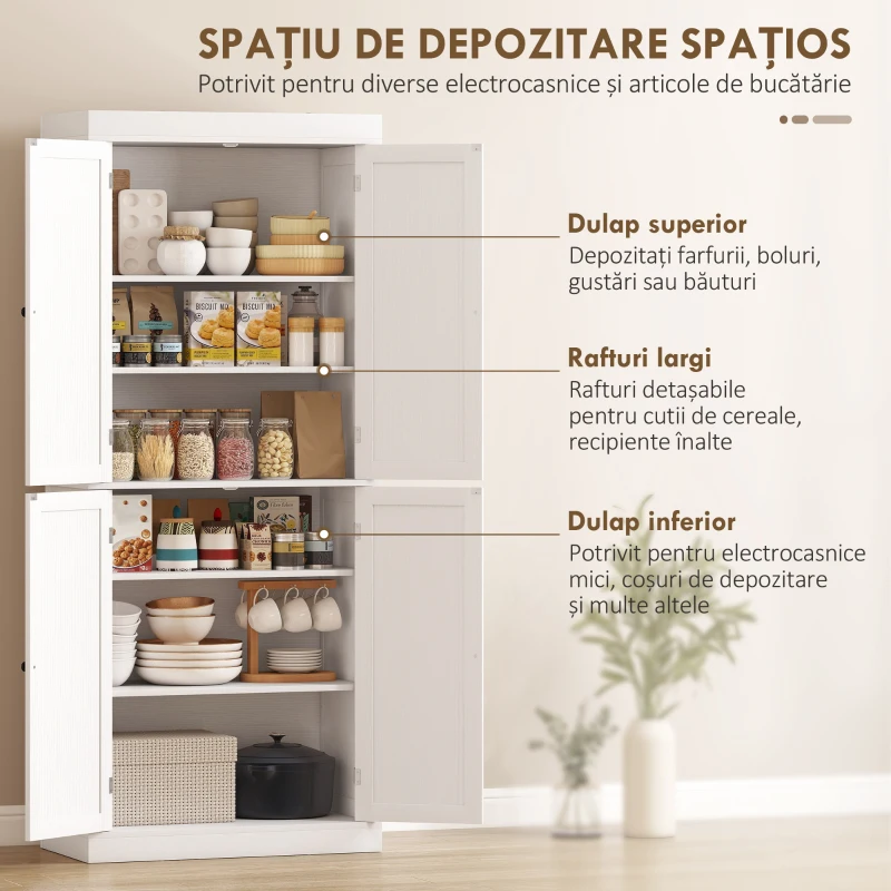 HOMCOM Dulap Înalt de Bucătărie cu 6 Rafturi Reglabile și 2 Uși din Lemn, 76x40.5x184 cm, Alb