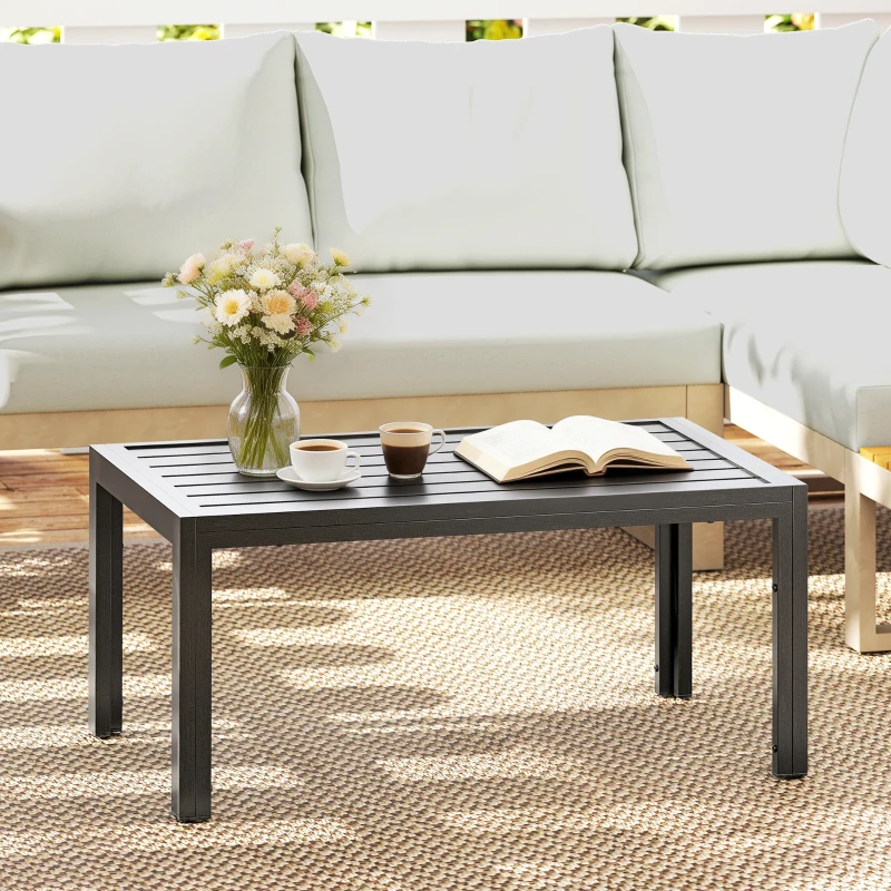 Outsunny Outdoor Side Table, Rectangular Patio Coffee Side Table with Steel Frame and Slat Tabletop for Garden, Balcony, Grey
