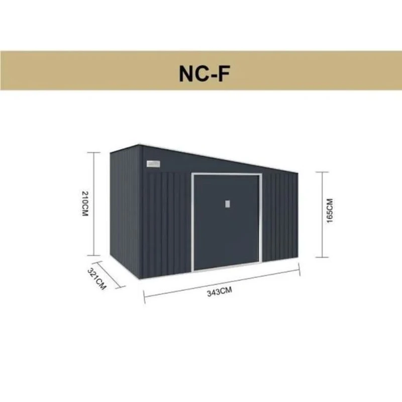 Abri de jardin en métal 11,01 m² - 342 x 321 x 162 - 210 cm - ASTRO - Kit d'ancrage inclus, 2 portes coulissantes - Gris