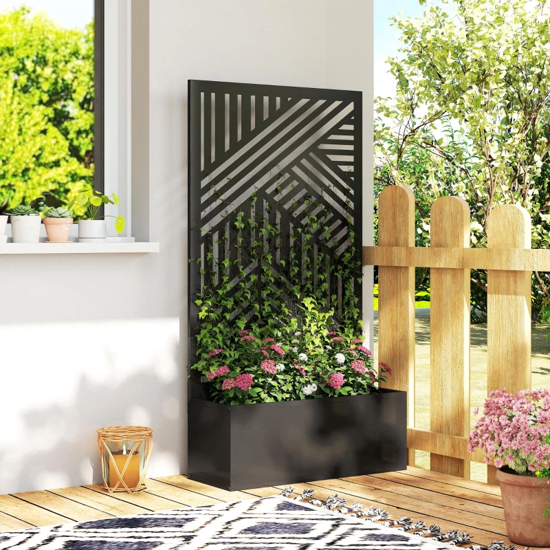 Outsunny Metal Garden Bed for Garden with Trellis, Raised Garden Bed with Privacy Screen, Geometric Slatted Cut-Out