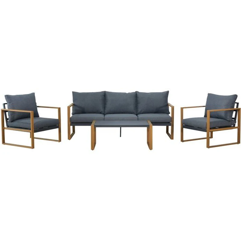 Salon bas de jardin en aluminium effet bois avec coussins - 5 personnes - PUERTO - Gris