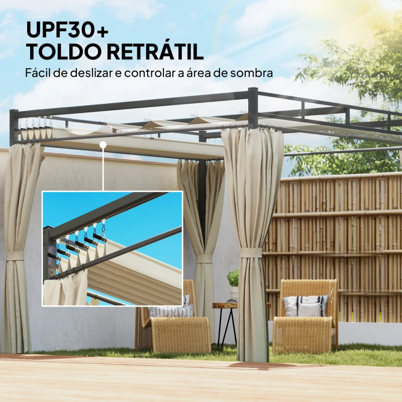 Outsunny Pérgola de Jardim 295x295x221 cm com Teto Retrátil e Cortinas UPF30+ Estrutura Metálica Pérgola para Exterior Bege