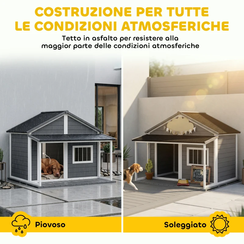 PawHut Cuccia per Cani da Esterno con Terrazza, Finestra e Tetto Impermeabile, 124x112x105cm, Grigio