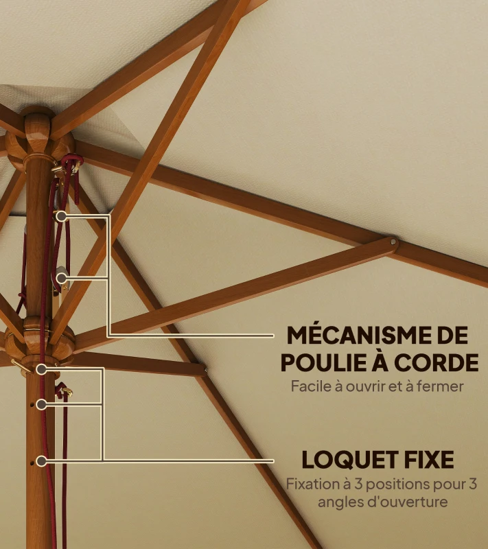 Outsunny Parasol de jardin extérieur parasol droit double toit Hexagonal Grande Taille de Jardin Ø 2,5 x 2,3H m Bois de Bambou crème