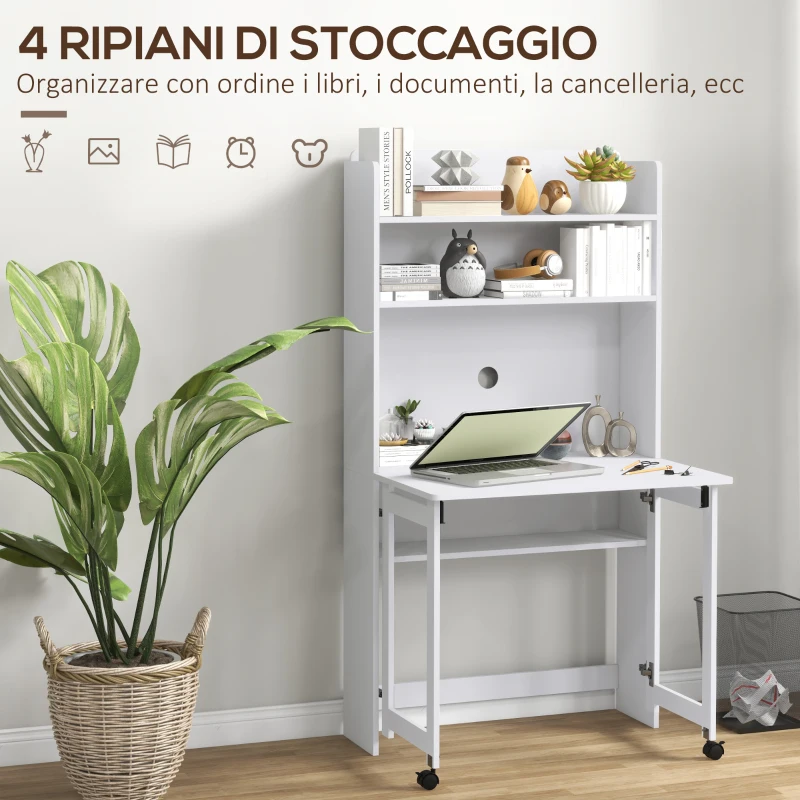HOMCOM Scrivania Pieghevole con Libreria a 4 Ripiani, 2 Ruote e Foro Passacavi, 80x69x155 cm, Bianco