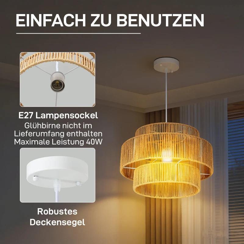 HOMCOM Hängelampe, 3-stufiger Lampenschirm, Metall, Hanfseil, Hellbraun