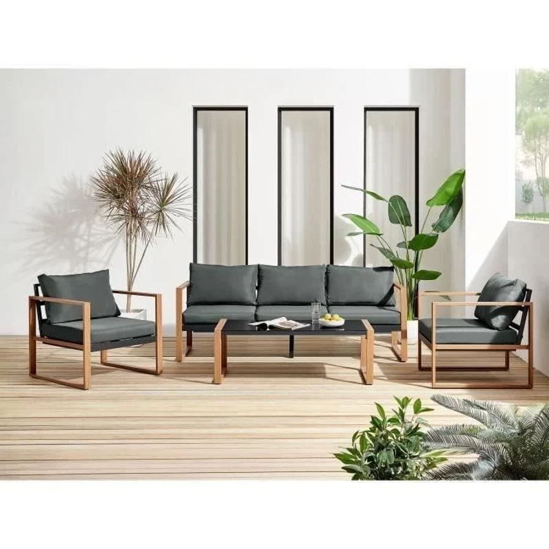 Salon bas de jardin en aluminium effet bois avec coussins - 5 personnes - PUERTO - Gris