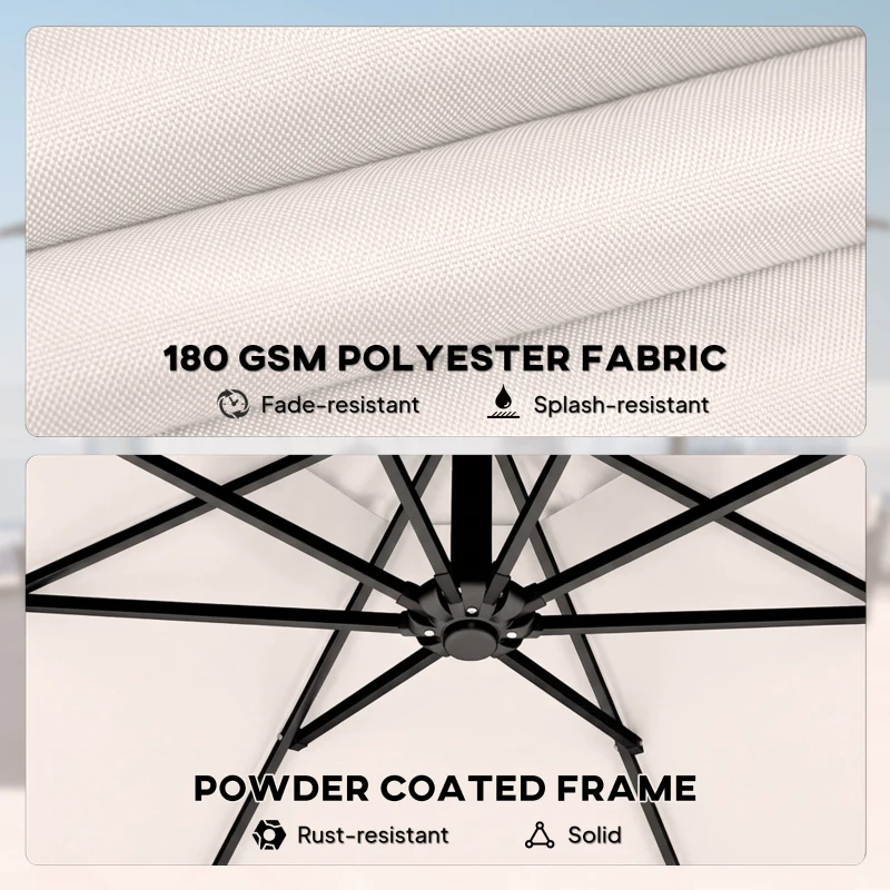 Outsunny 3 m Garden Cantilever Parasol with Cover, Round Overhanging Umbrella with 360° Rotation, Tilt, Cream White