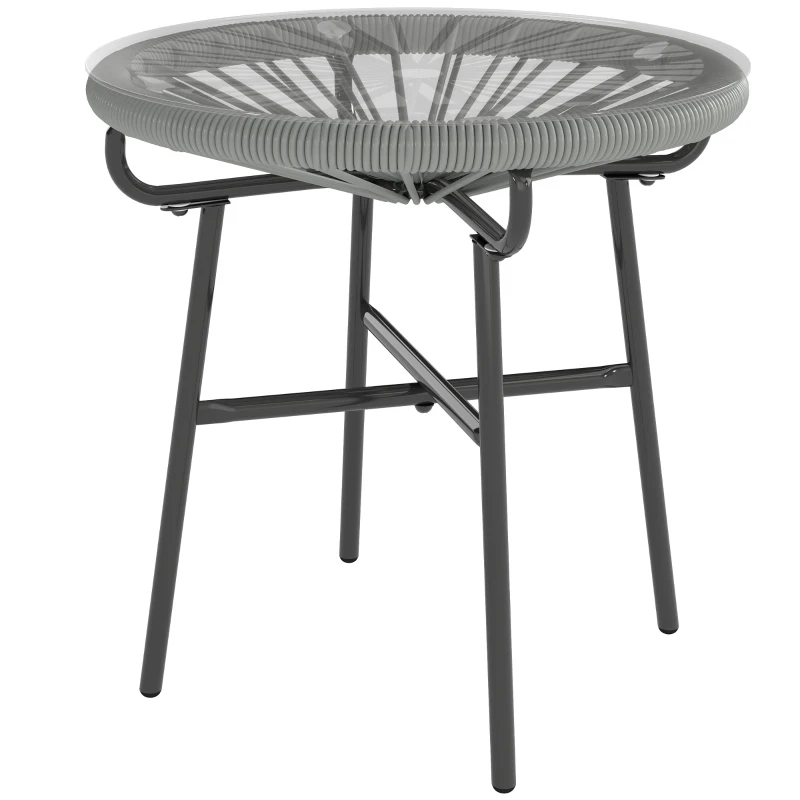 Outsunny Rattan Side Table, Round Outdoor Coffee Table, with Round PE Rattan and Tempered Glass Tabletop, Light Grey