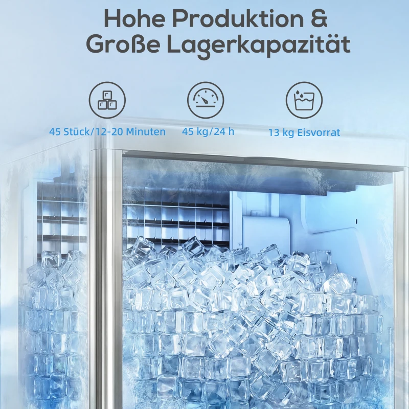 HOMCOM Commerciële Ijsblokjesmachine 45 kg/24 uur, roestvrij staal, met 15 kg opslag, zelfreiniging, zilver