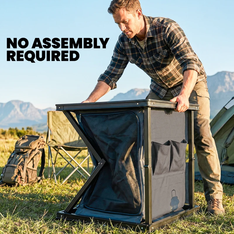 Outsunny Camping Camping Cupboards, Folding Portable Kitchen Table with 3-Tier Storage, Black