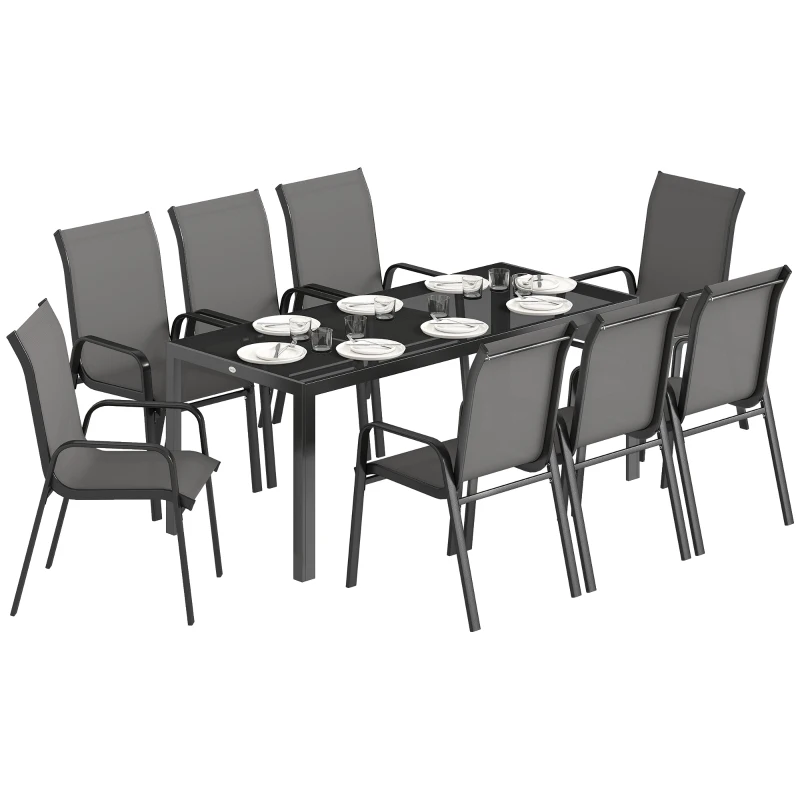 Outsunny 9 Pieces Garden Dining Set, Outdoor Table and Chairs Set for 8, Garden Furniture Set with Tempered Glass Top, Dark Grey