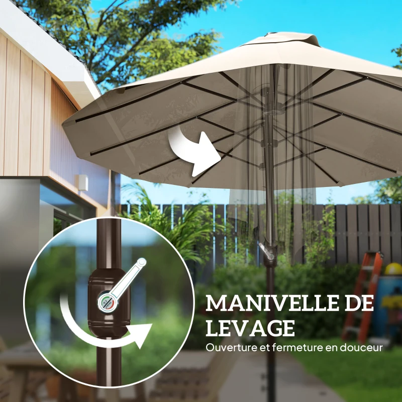 Outsunny Parasol de jardin double rectangulaire 4,6L x 2,7l x 2,4H m avec ouverture fermeture manivelle, toile 180 g/m², kaki