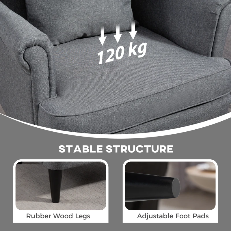 HOMCOM Oorfauteuil met Voetkruk, Gestoffeerde Fauteuil met Rubberhouten Poten, Stoffen Bekleding, Grijs