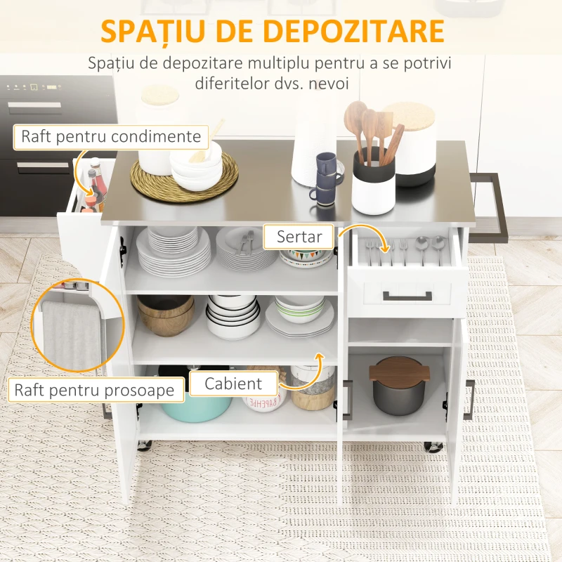 HOMCOM Insulă de Bucătărie cu Sertar, Dulap și 2 Rafturi Deschise, din MDF și Oțel Inoxidabil, 128x45,5x91,5 cm(m-4)