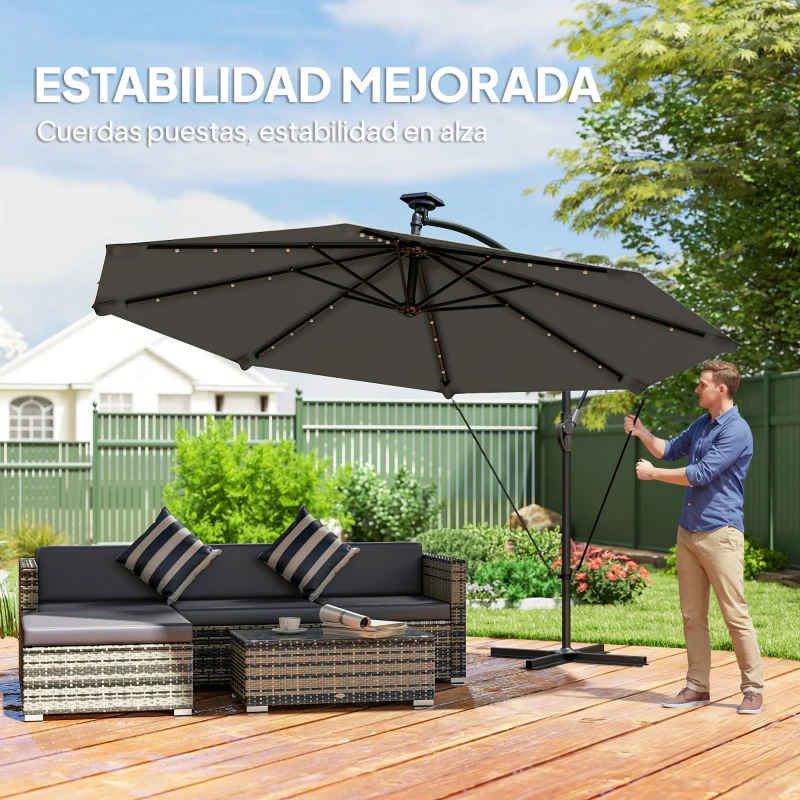 Outsunny Parasol Excéntrico con Luces LED Solares Ø345 cm Sombrilla Jardín de Aluminio con Base Cruzada Manivela Funda Gris