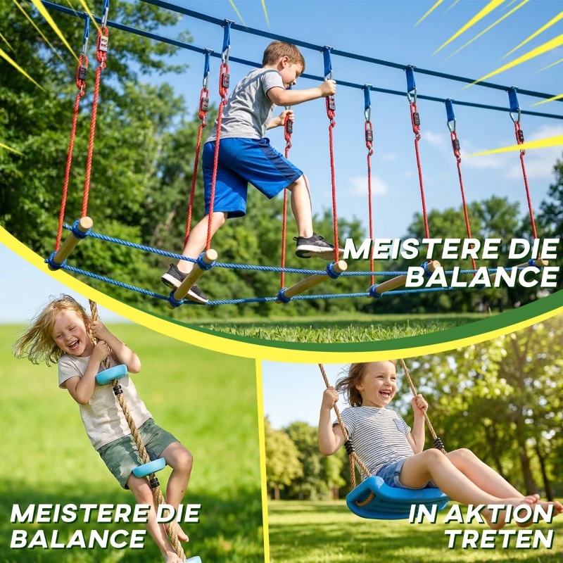 AIYAPLAY Ninja Line Kinderen 24 m Slackline Set met Turnringen en 7 Hindernissen Klimstang Evenwichtsbalk voor Kinderen 3-6 Jaar Rood+Blauw