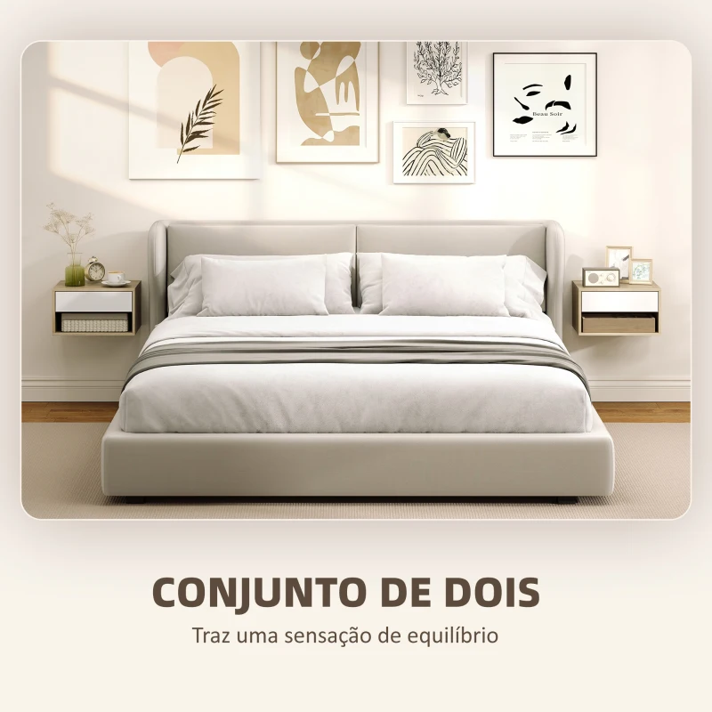 HOMCOM Conjunto de 2 mesas de cabeceira murais, mesas de noite, gaveta, compartimento aberto, tampo, 37 x 32 x 21 cm, madeira natural