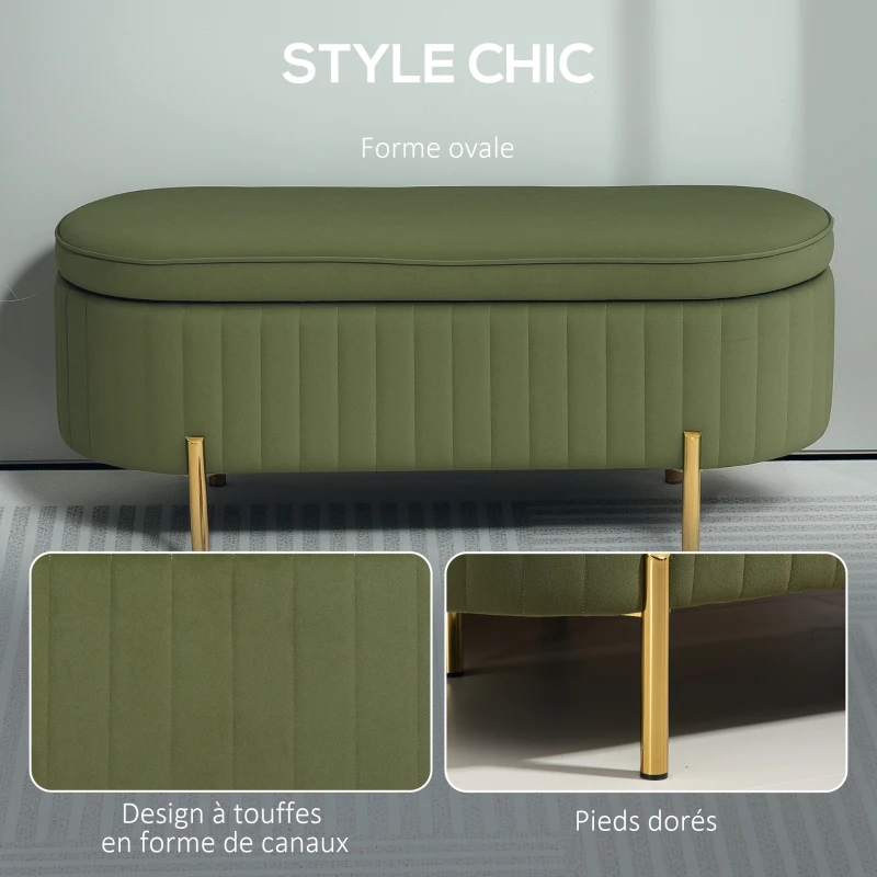 HOMCOM Banc de rangement, bout de lit en velours avec couvercle, pieds en métal, capacité 72 L, 108x44x43,5cm, vert foncé