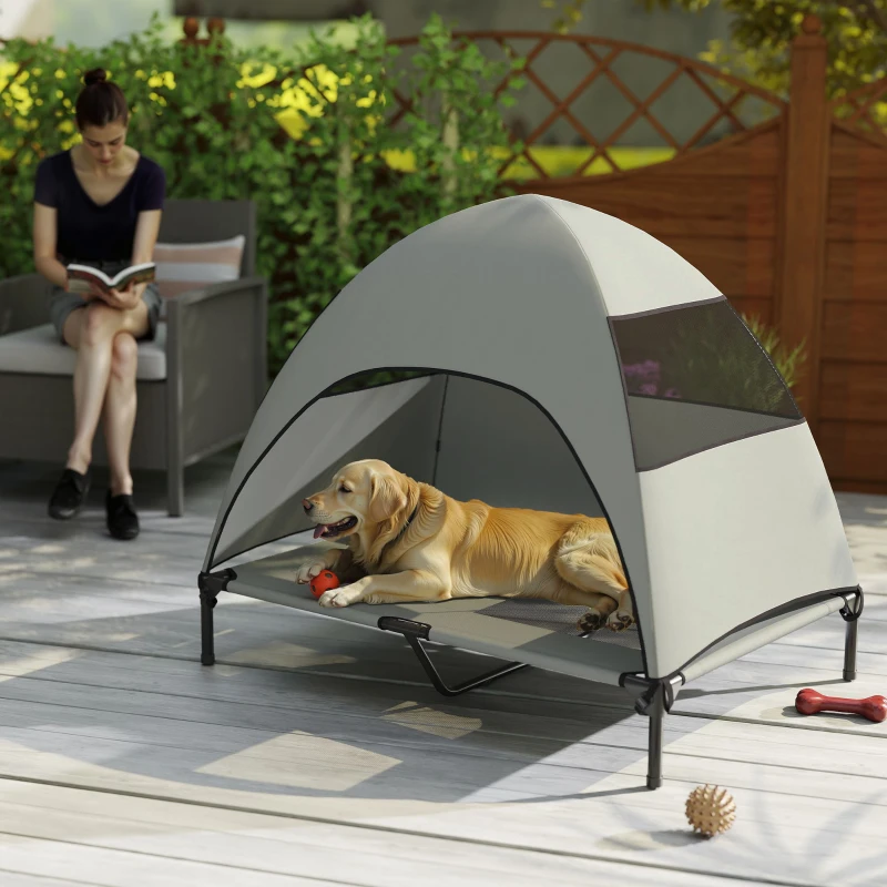 PawHut Elevated Dog Bed with Removable Canopy, Pet Bed with Storage Bag for Indoor Outdoor, for Large Dogs, 106 x 76 x 99 cm, Light Grey