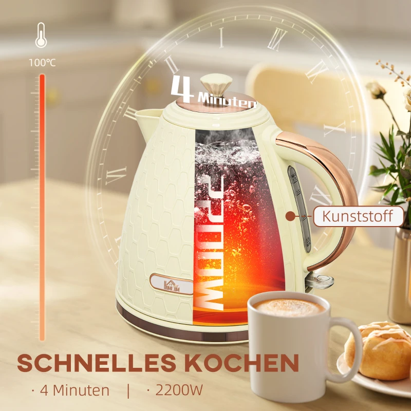 HOMCOM Wasserkocher, 2200W, Sichtfenster, Filter, Schnellkocher, Beige