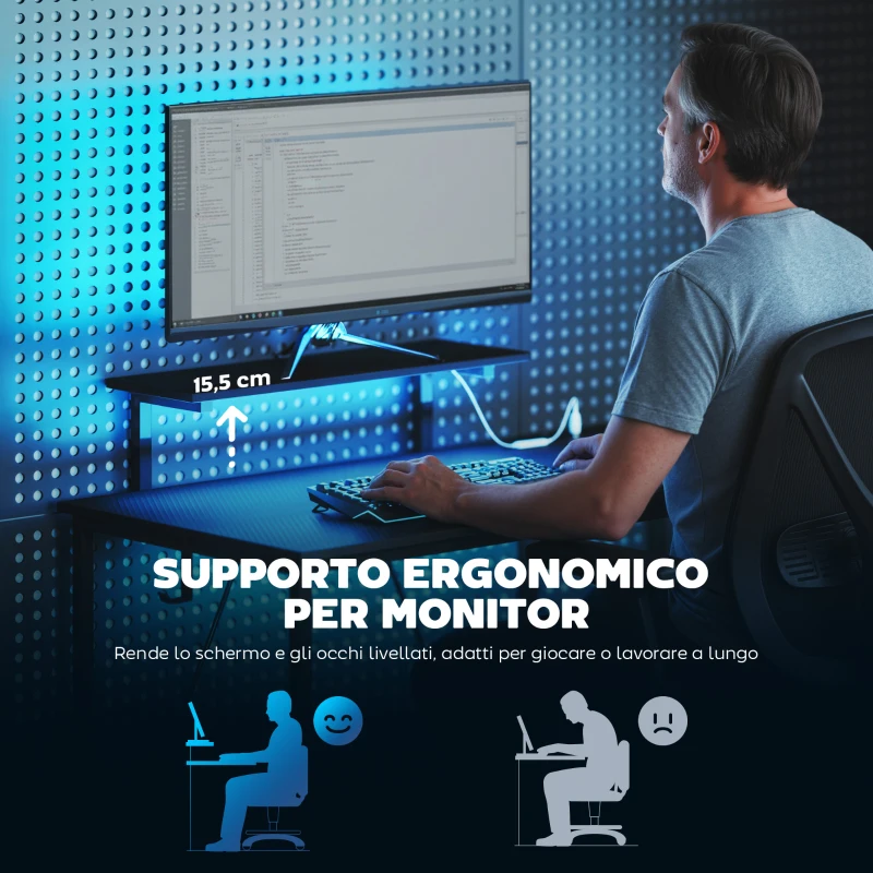 HOMCOM Scrivania Gaming Angolare con LED, Prese Elettriche, Supporto per Monitor e Scaffale, Nero