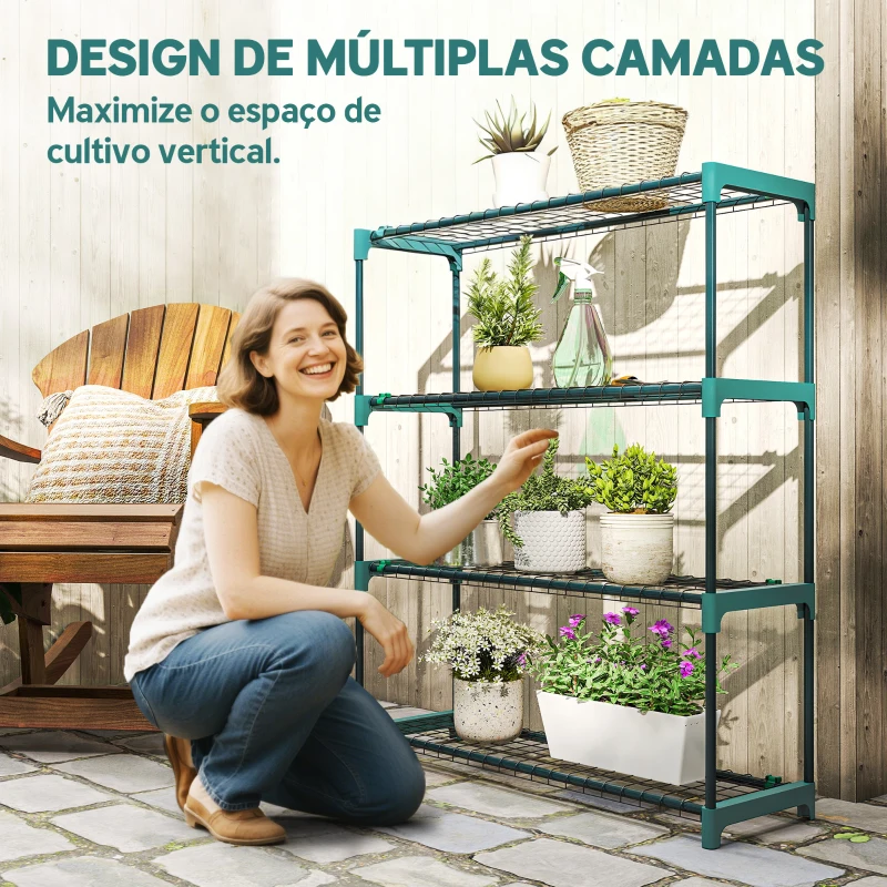 Outsunny Conjunto de 2 Suportes para Plantas de 4 Níveis Interior e Exterior Prateleiras Metálicas com Conectores Montagem Fácil Verde