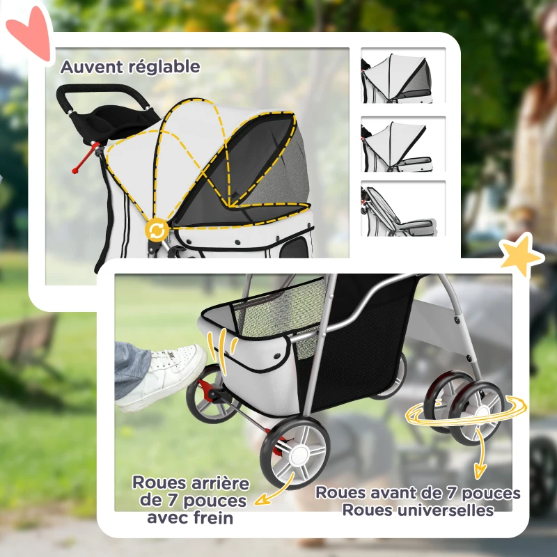 PawHut Poussette buggy pliable animaux chariot pliante chien chat porte-gobelet panier de rangement 75 x 45 x 97 cm gris
