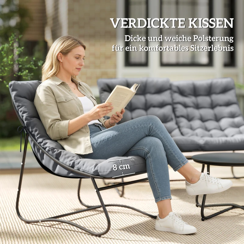 Outsunny 4-Sitzer Gartenmöbel-Set, 2 Stühle, 1 Doppel-Sofa, 1 Tisch, dicke Kissen, Stahlrahmen, für Terrasse, Grau