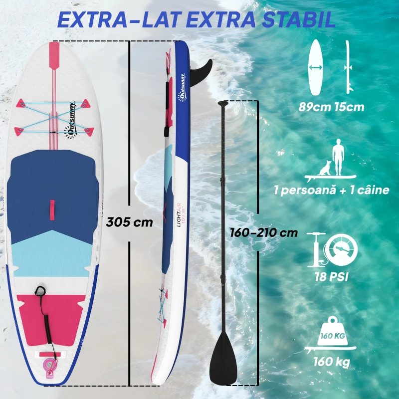 Outsunny Placă SUP Gonflabilă pentru Adulți, Stand Up Paddle Board cu EVA Antialunecare, Vâslă Reglabilă din Aluminiu, Rucsac, Pompă, Aripioară Detașabilă, Capacitate 160 kg, 305x89x15cm, Pentru Toate Nivelurile