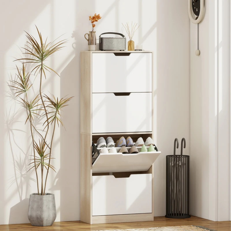 HOMCOM Scarpiera Salvaspazio Slim a 4 Cassetti per 20 Paia di Scarpe 62.5x26x156 cm, color Legno e Bianco