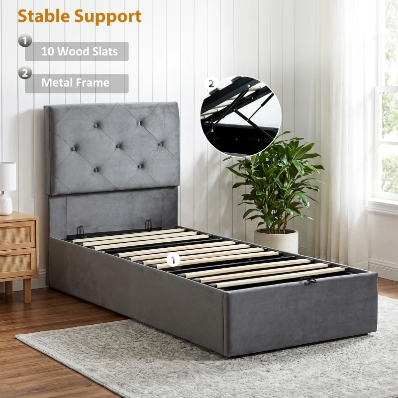 HOMCOM Single Bed Frame Gas Side Lift Under Bed Storage Upholstered Platform Bed Tufted Headboard for 90 x 190 cm Mattress