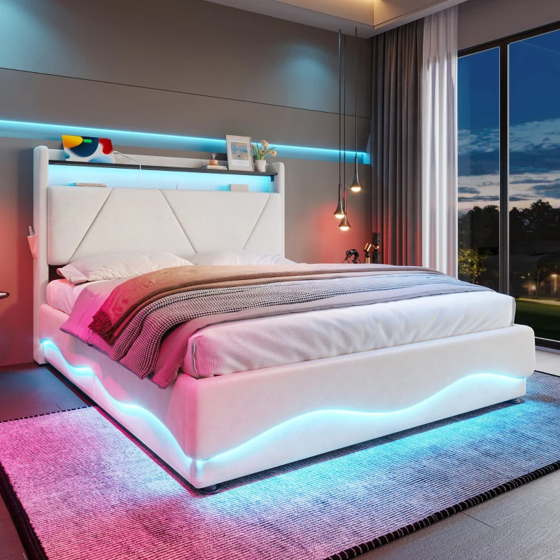 Lit rembourré avec tête de lit LED et coffre de rangement, sommier à lattes à vérin à gaz, sans matelas, 160x200 cm, Beige