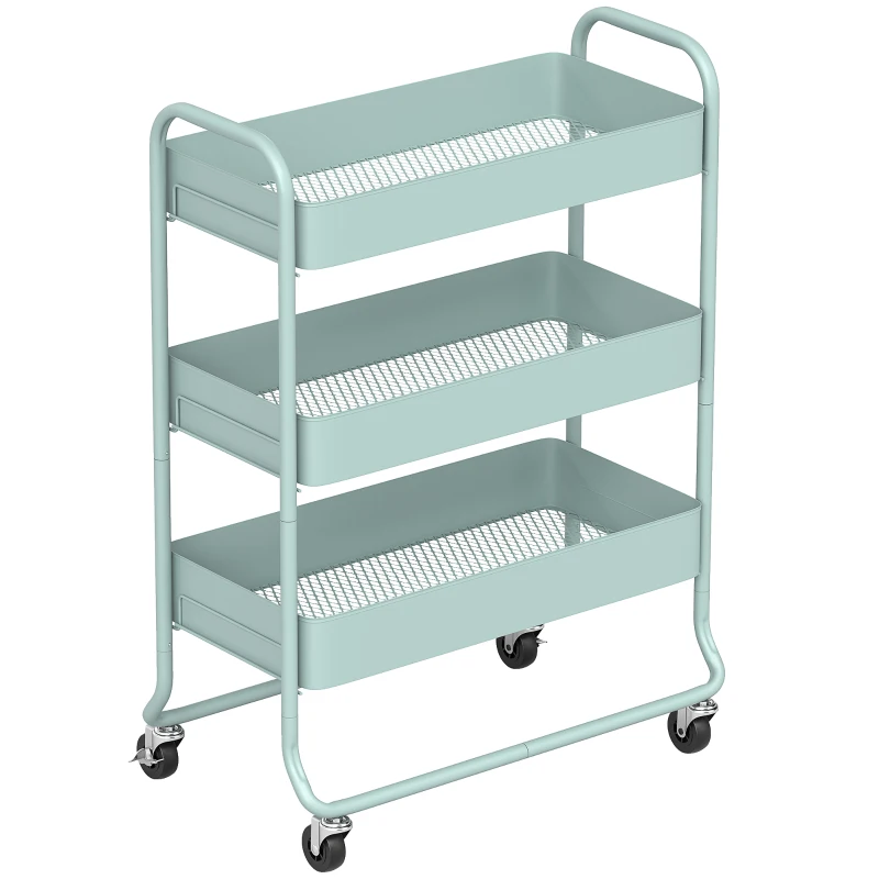 HOMCOM 3-Tier Storage Trolley on Wheels, Rolling Utility Cart with Mesh Backets for Kitchen, Bathroom, Bedroom, Light Green