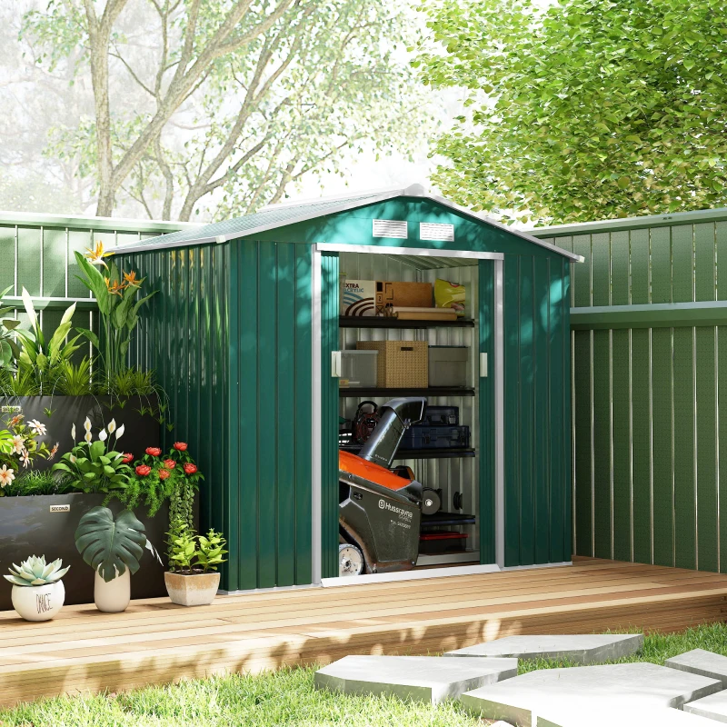 Outsunny Abri de Jardin 2,42 m² - Remise pour Outils avec kit de fondation - cabanon Porte verrouillable - dim. 213L x 130l x 185H cm - tôle d'acier Vert