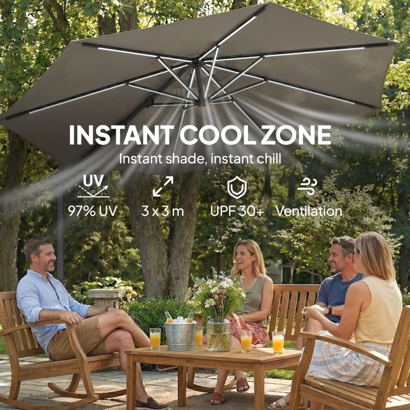 Outsunny 3 m Garden Cantilever Parasol with LED Solar Light, Round Overhanging Umbrella with 360° Rotation, Cover, Grey